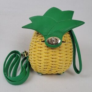 Pineapple Shaped Straw Raffia Handbag Green Leather Trim Crossbody Strap